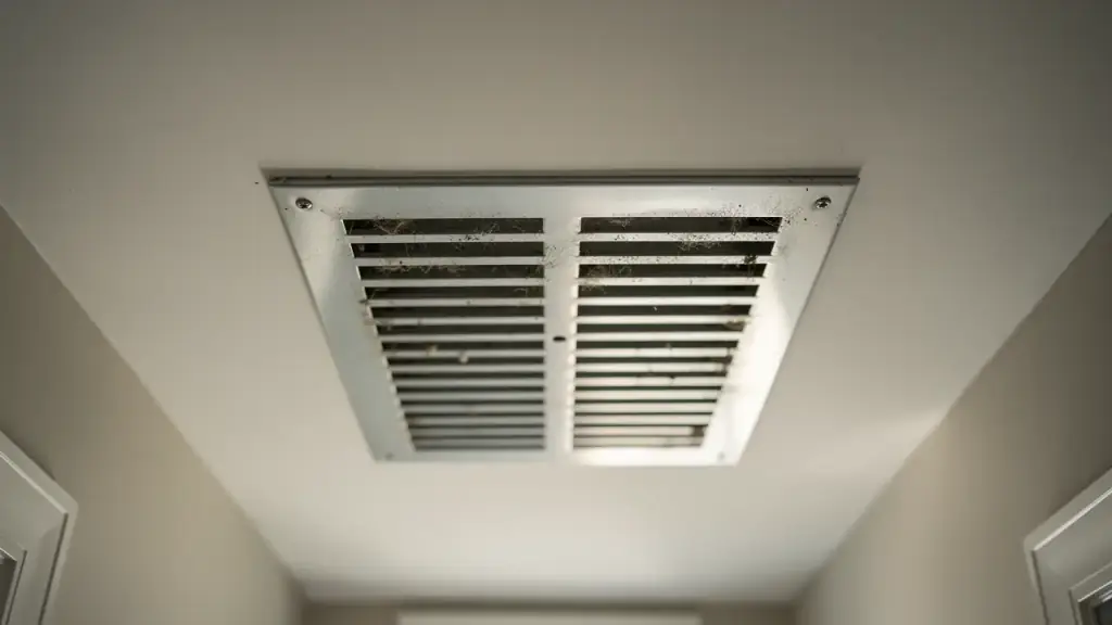 A metal ceiling return grille in a residential hallway with dust visible on the vanes