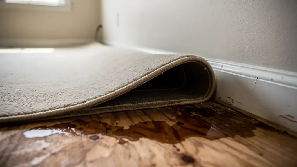 Carpet lifted back at a baseboard showing a wet subfloor underneath after a leak